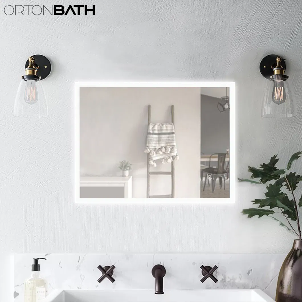 Ortonbath Square Edge Corner Frameless Full Length Floor Fitness Dressing Mirror LED Lights Touch Sensor Switch Bathroom Mirror LED Smart Bath Makeup Mirror