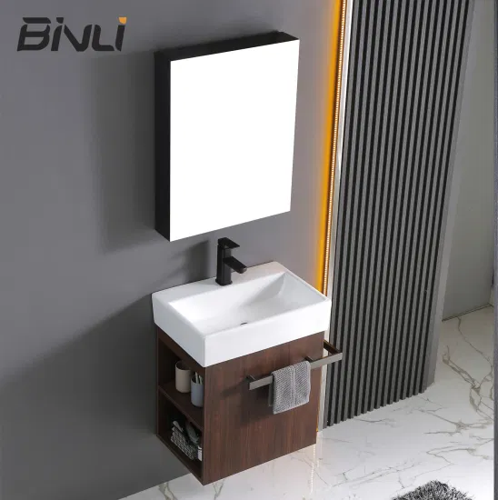 Gabinete de tocador de baño pequeño de madera contrachapada montado en la pared de 500 mm con gabinete con espejo, lavabo artístico único